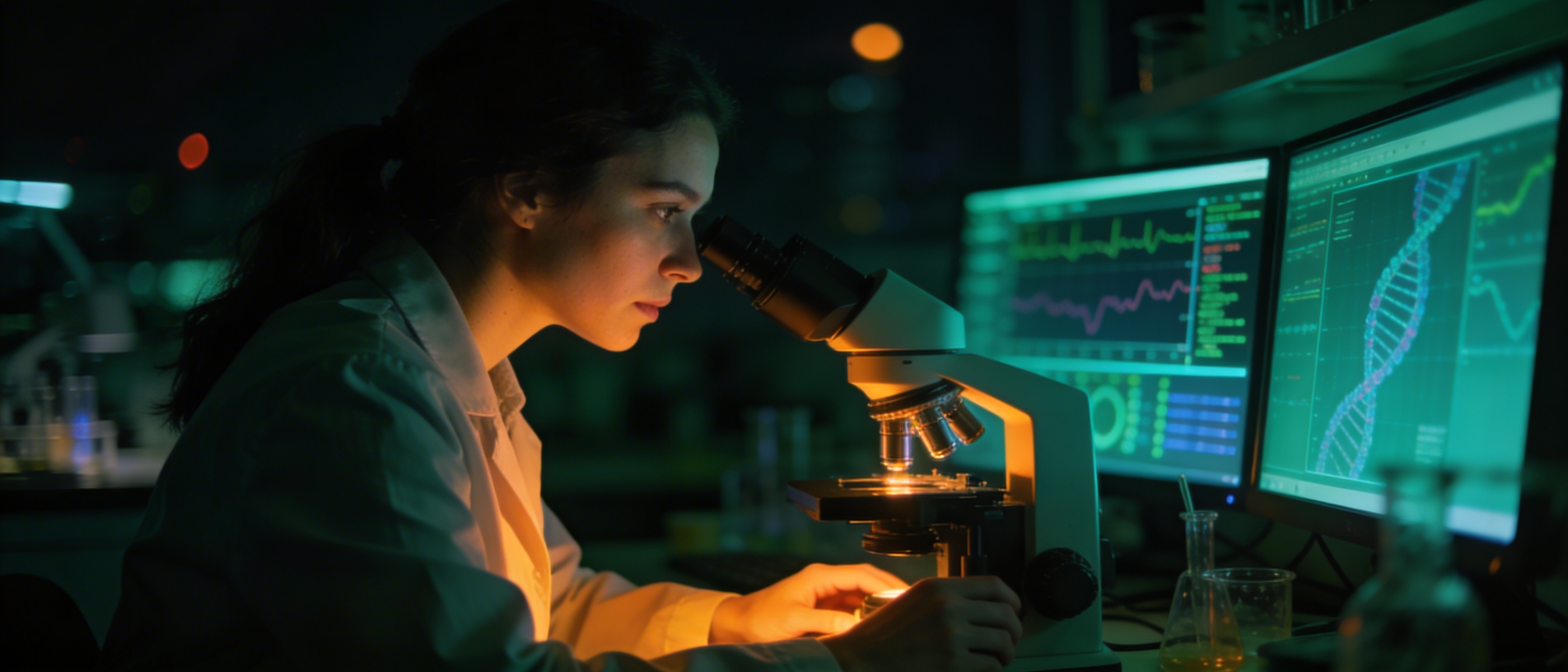 Futuristic biomedical research laboratory with holographic DNA visualizations